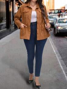 SHEIN LUNE Plus Size Casual Versatile Utility Pocket Jacket, Suede Fleece Workwear Pocket Made Of Western Suede Winter New Year Brown - Khaki - View 3