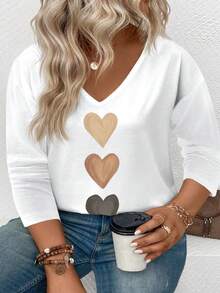 EMERY ROSE Women's V-Neck Cuff Flipped, Best-Selling Ombre Heart Print Casual Versatile Long Sleeve Plus Size T-Shirt