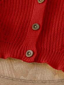 SHEIN 小女孩和幼儿女孩开衫，米色，白色，浅黄色，杏色，舒适创意针织纹理，简约V领，灯笼袖，罗纹袖口，时尚，百搭，轻盈，适合春夏季，优雅，可爱，新品，适合休闲，上学，外出，毛衣，针织开衫 - 紅色 - 查看 5