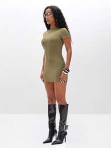 BABYPHAT 罗纹迷你 T 恤连衣裙，带贴花短袖紧身圆领夏季 - 綠色 - 查看 4