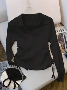 SHEIN 女式长袖上衣，光滑罗纹面料 - 黑色 - 查看 1