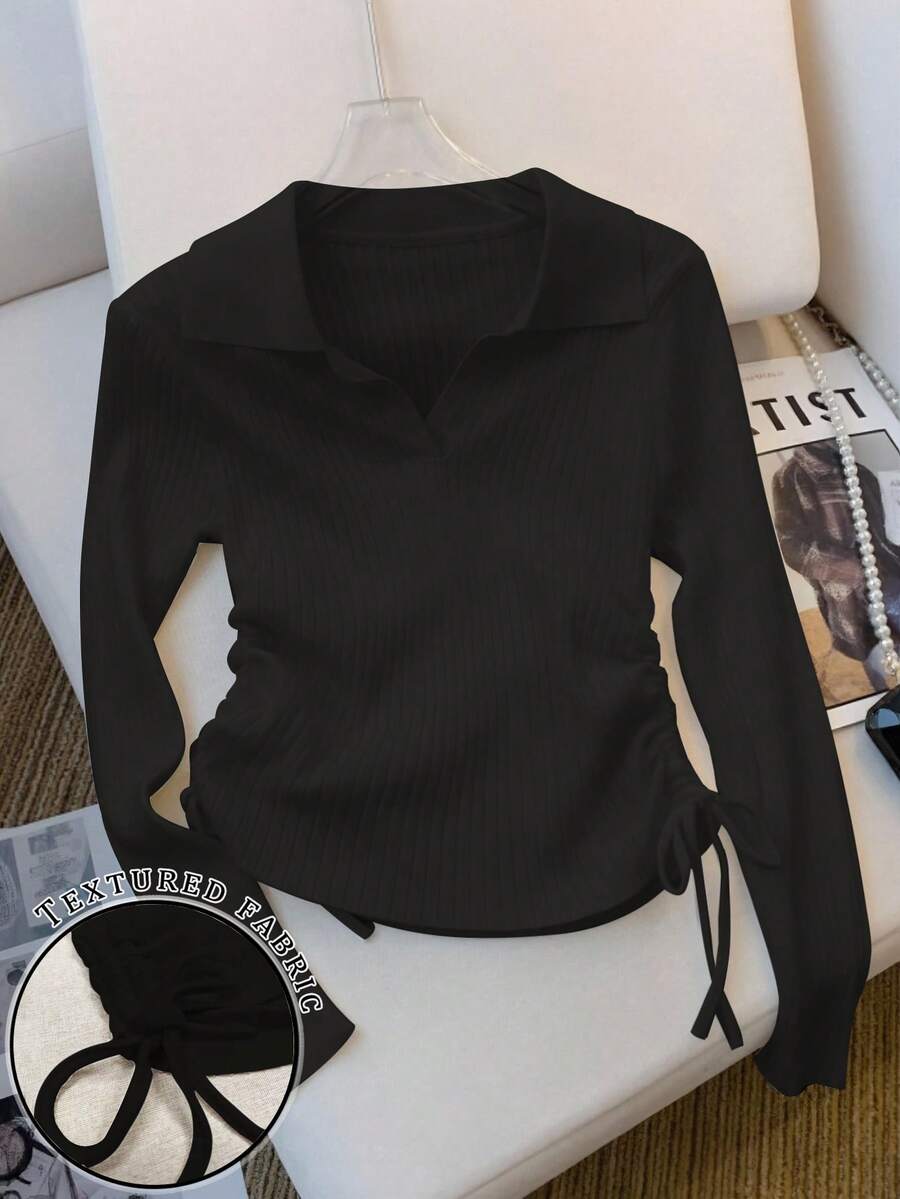SHEIN 女式长袖上衣,光滑罗纹面料 - 黑色 - 查看 1
