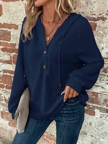 SHEIN Clasi 秋冬纯色连帽长袖套头衫，长袖上衣 - 藍色 - 查看 5