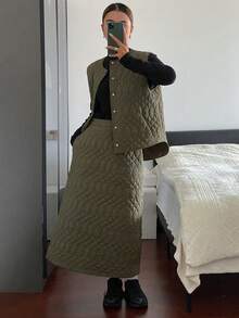 DAZY 2pcs Women Solid Color Quilted Loose Crew Neck Sleeveless Jacket And A-Line Long Skirt Set, Autumn/Winter Lounge Sets For Women - Green - View 4