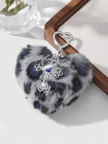 ROMWE Goth 1 件随机颜色 Y2K 可爱复古朋克高价值哥特风格棕色/灰色/玫瑰红色/粉色毛绒豹纹动物图案心形银色铆钉镂空花卉水晶十字架装饰 DIY 钥匙扣包饰，适合姐妹、闺蜜、女士、情侣、日常穿着、节日礼物 - 彩色 - 查看 9