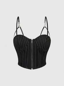 ROMWE Goth 哥德式朋克條紋PU皮革拼接開衩女士背心上衣 - 黑色 - 查看 1