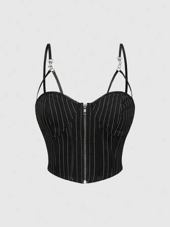 Goth Top estivo da donna con apertura frontale in  a righe di stile gotico punk