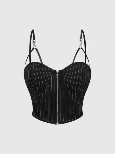 ROMWE Gothic Punk Stripe PU Leather Splice Open Front Women's Cami Top