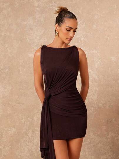 Lumalex Fall Metal Boat Neck Ruched Draped Bodycon Mini Dress Women Luxe Prom Gathering Banquet Modest Old Money Coquette Glitter Holiday Rave Festival Outing Vacation Hot Outdoor Richly Layered Wedding Season Looks Of Gala Night view 8