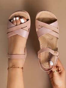 Sandalias de mujer, estilo nacional bohemio, sandalias planas con decoración de strass, sandalias de dedo con tira en T, zapatos de playa, verano - Rosa - Ver 3