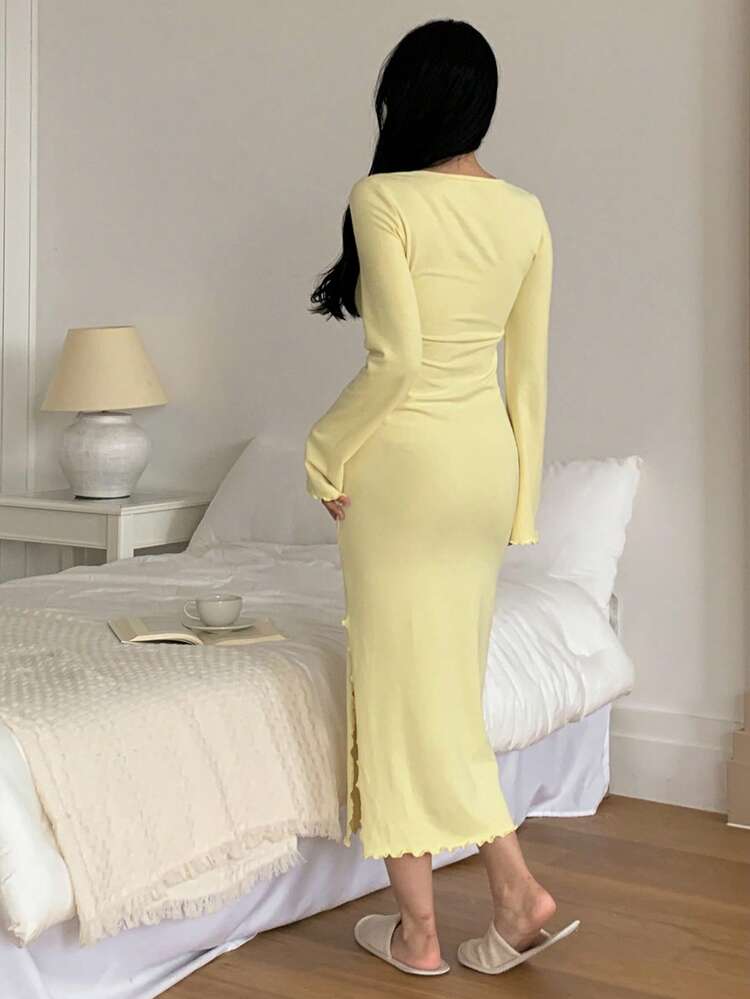 Solid Color Lace-Up Design Fitted Long Dress Nightgown For Women Pajama, Winter