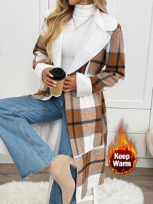 SHEIN LUNE Women's Casual Plaid Thermal Lined Pocket Lapel Coat Fall Winter Women's Winter Coat Casual Work Fall Winter - Multicolor - View 3