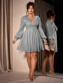 Cravure Đầm tay dài cổ chữ V sâu, màu trơn, dáng rộng, thanh lịch cỡ lớn - Xám - Xem 6