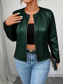 SHEIN PETITE CURVE Áo khoác da PU cổ điển đa năng cỡ lớn dành cho nữ, dòng Petite - Màu xanh lá cây đậm - Xem 6