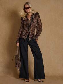 Glamine 女士荷叶边豹纹衬衫，秋季豹纹上衣，棕色猎豹纹休闲衬衫 - 彩色 - 查看 1