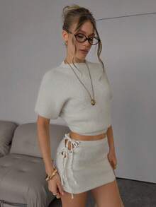 SHEIN BAE Women's Casual Side Tie Solid Color Knit Skirt,,Winter ,Women's Winter Clothes , Autumn Winter Women,Halloween,New Year,Thanksgiving Outfit For Women ,Thanksgiving Outfit For Women ,Party Outfit ,White Short Skirt, Sweater Skirt, White Skirt,