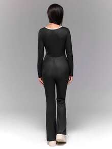 Teen Girl Letter Print Crew Neck Fitted Long Sleeve Jumpsuit - Black - View 2