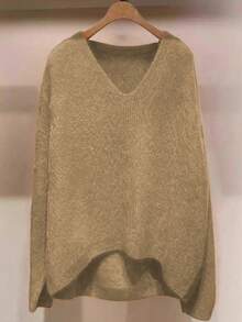 SHEIN LUNE Plus Size Solid Color V-Neck Casual Pullover Long Sleeve Sweater - Camel - View 1