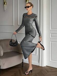 Siren Gaze Women's Grey Autumn Elegant Dinner Dress,Contrast Trim Hollow Out Fitted Long Sleeve Party Dresses,Silver Metallic Embellishments Skirt - Grey - View 7