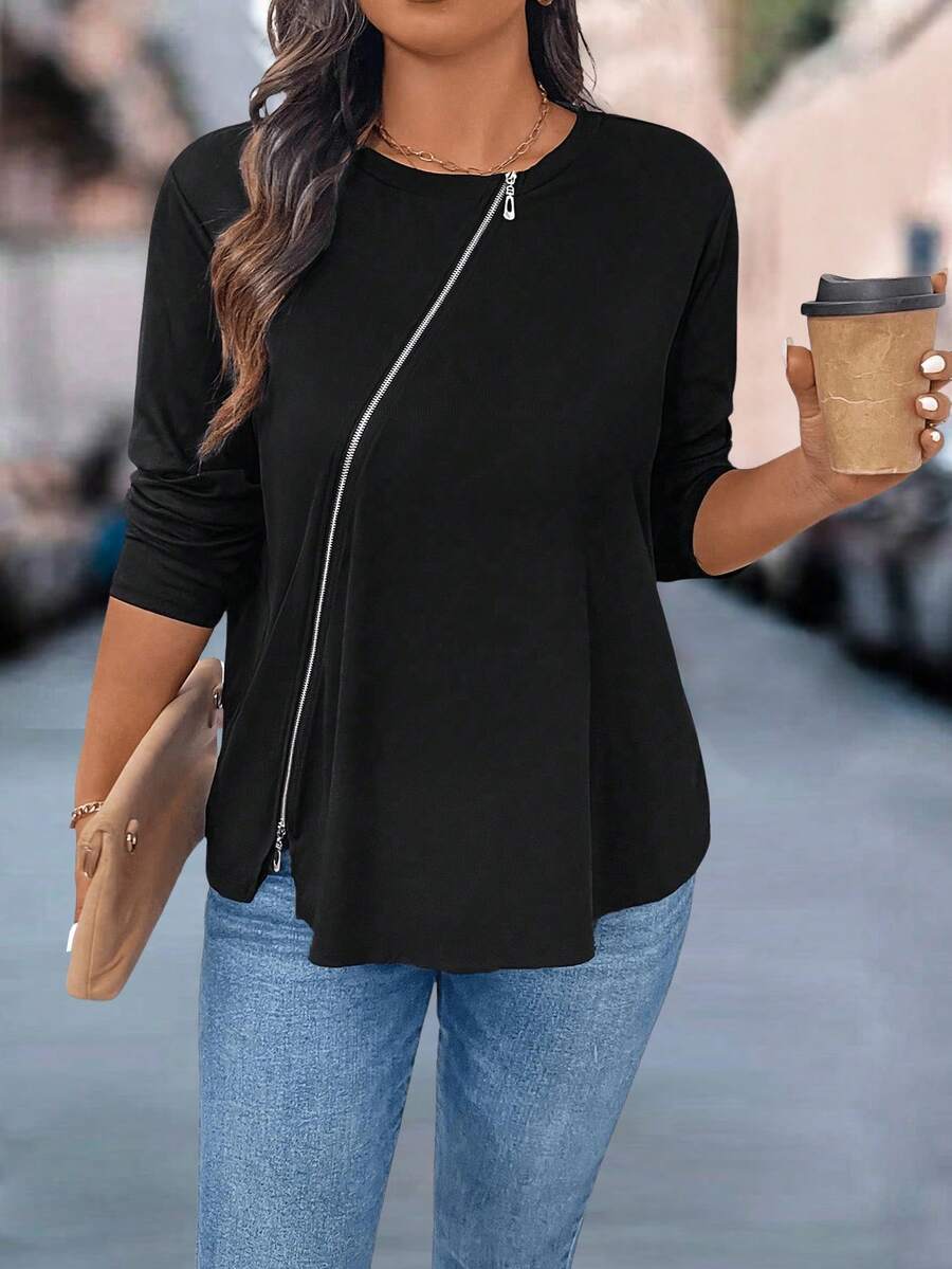 SHEIN PETITE CURVE Áo thun nữ cổ tròn tay dài màu trơn có khóa kéo phía trước cỡ lớn - màu đen - Xem 1