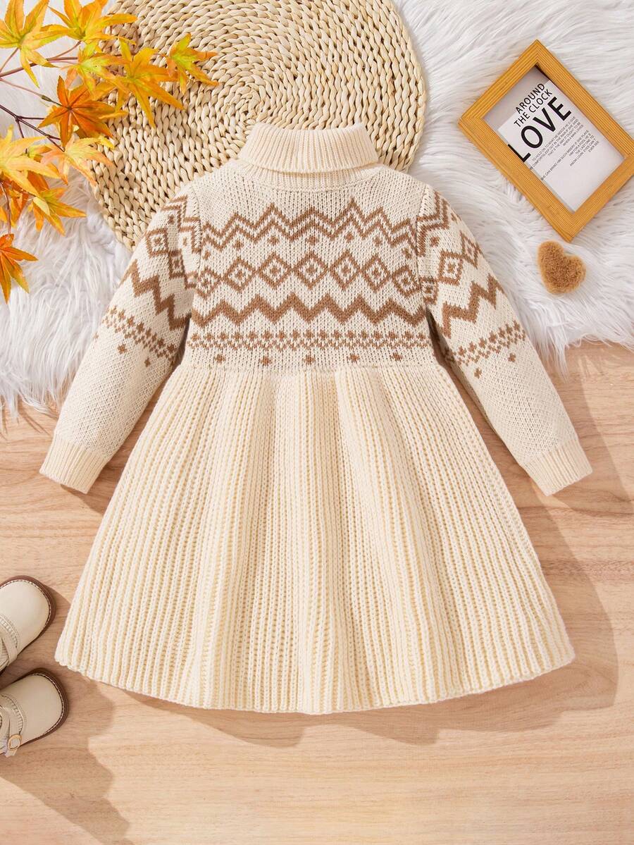 SHEIN Vestido de punto con cuello alto y estampado geométrico para niña, informal para otoño/invierno - Beis - Ver 1