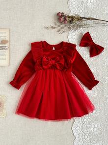 SHEIN Váy lưới dự tiệc trang trí nơ thanh lịch cho bé gái - Đỏ - Xem 6