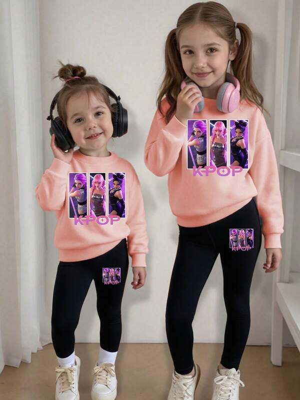 SHEIN 2pcs Girls (Small) Minimalist Print Crew Neck Long Sleeve Sweatshirt And Pants Set