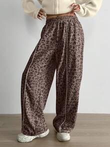 Aidyla Color Block & Leopard Print Patchwork Casual Sports Sweatpants - Mocha Brown - View 5