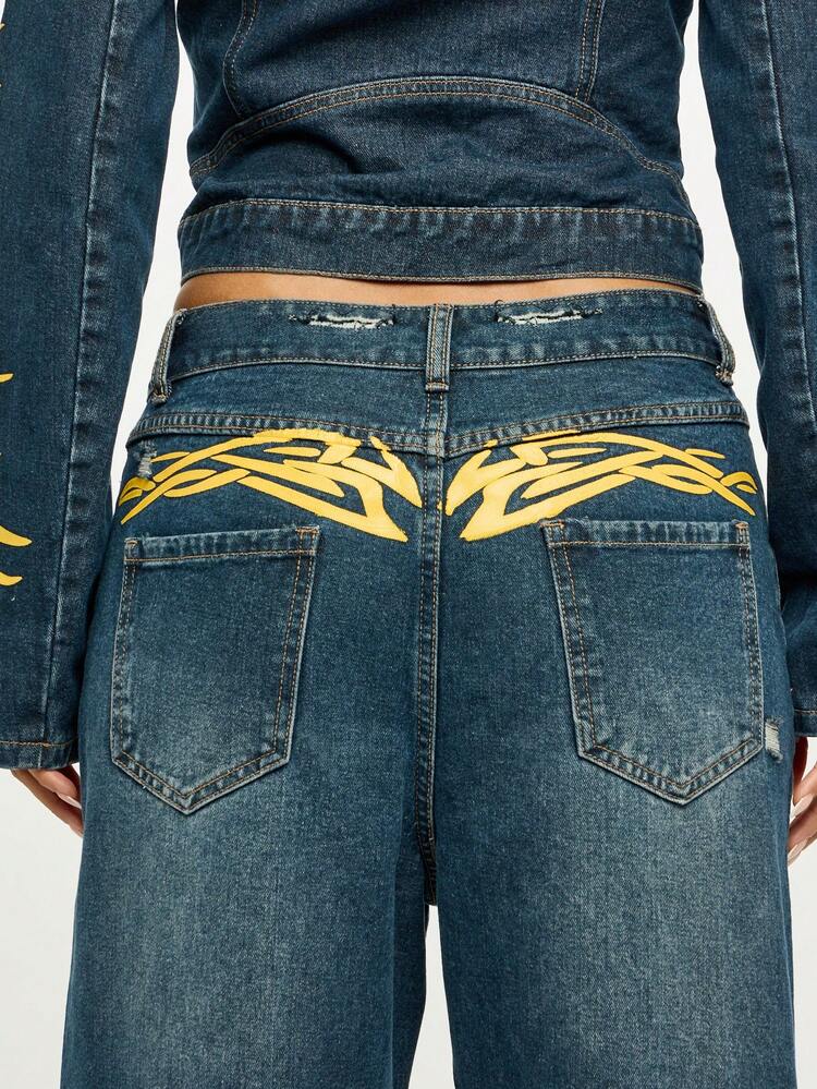 SUMWON WOMEN Baggy Wide Leg Jeans With Flame Print