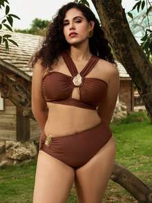 SHEIN 3pcs Plus Size Women Summer Vacation Elegant High-End Metallic Brown Twist Pattern Skirt Set, Swim Oasis - Coffee Brown - View 3