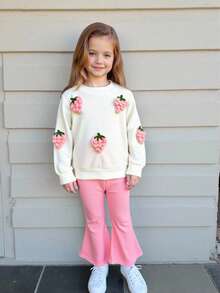Elladie kids Young Girl Sweet Waffle Texture Strawberry Knitted Top With Flared Pants 2Pcs Suit, Spring/Autumn Outfit For Girls - White - View 3