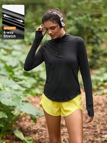 SHEIN In My Nature Áo thun thể thao dài tay màu trơn thường ngày dành cho nữ - màu đen - Xem 4