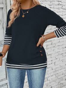 EMERY ROSE 全新大码女式时尚印花条纹撞色圆领宽松T恤 - 藏蓝色 - 查看 4