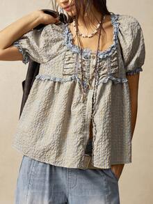 Bohemela Blusa holgada de manga corta con cuello en V, de estilo casual tejido a cuadros para mujeres - Multicolor - Ver 7