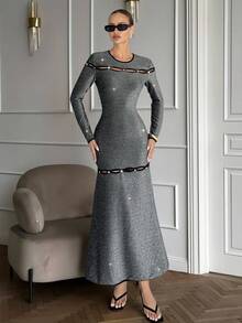 Siren Gaze Women's Grey Autumn Elegant Dinner Dress,Contrast Trim Hollow Out Fitted Long Sleeve Party Dresses,Silver Metallic Embellishments Skirt - Grey - View 8