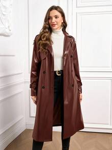 Ellevyn 安哥拉红色 PU 皮革保暖内衬系带长袖长款风衣 - 紅木色 - 查看 3