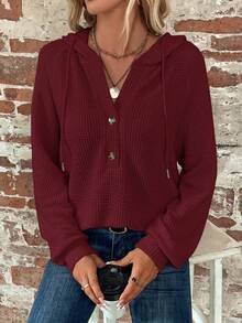 SHEIN Clasi Plain Style Solid Color Hooded Long Sleeve Pullover Sweatshirt,Long Sleeve Tops In Fall/Winter - Burgundy - View 3
