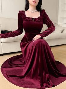 Feyla Women's Elegant Ruffled Collar Faux Pearl Decor Waist Cinched Velvet Dress, Autumn