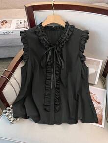 Franclia Damen Bluse in Große Größen mit rundem Ausschnitt, Rüschenkragen, ärmellos, Knopfleiste, elegant, vintage, süß, Lässig, figurbetont - Schwarz - Übersicht 3
