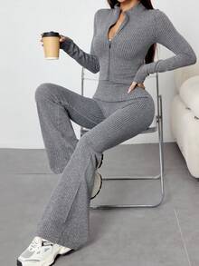 Dewbera 女士无缝瑜伽运动拉链短款上衣和高腰运动紧身裤套装 - 灰色 - 查看 7