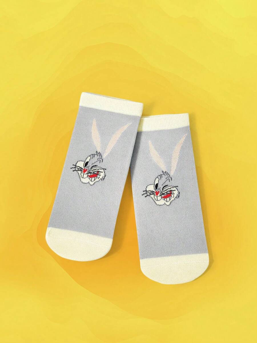LOONEY TUNES X SHEIN 1 par de calcetines de tobillo para mujer con patrón de dibujos animados divertidos y contraste de colores - Gris Claro - Ver 1