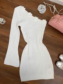 SHEIN EZwear 钩花镂空针织修身长袖连衣裙 - 白色 - 查看 4