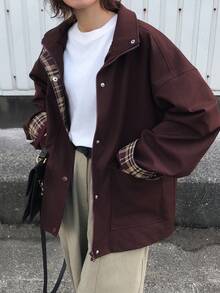 FRIFUL 女士撞色格纹翻领落肩长袖口袋拉链袖口翻边宽松休闲百搭常规外套，秋冬女式外套 - 中紫紅色 - 查看 2