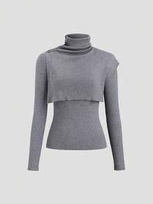 SHEIN Unity 新款不对称高领套头斗篷毛衣，修身通勤，女款 - 灰色 - 查看 6