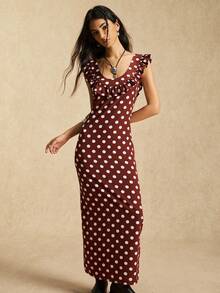 Easelle Vintage Women's Lace Trim, Polka Dot, Printed Long Dress Backless Ruffle  Long Summer Dress For Women  Party - Brown - View 2