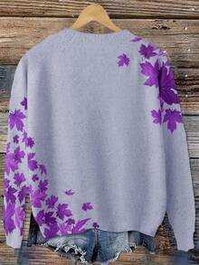 Linhara Suéter casual de talla grande con cuello redondo y mangas raglán con estampado de hojas, para otoño/invierno - Morado - Ver 2