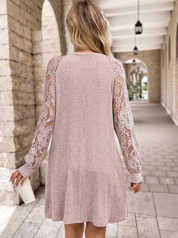Women's Casual Contrast Lace Round Neck Raglan Sleeve Short Dress Elegant Dresses For Women  Elegant Dresses For Party  Women Dresses Autumn Winter  One-Piece Dress Ladies Autumn Winter Cozy Fall And Winter Clothes For Women  New Year Dress