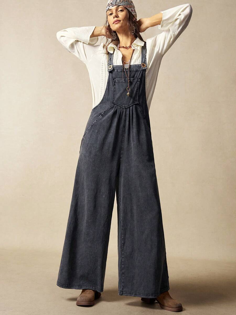 Bohemela Combinaison ample en tricot de couleur unie pour femmes - Noir - Voir 1