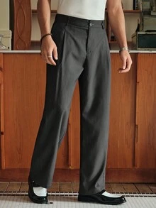 SWAVVY Pantalones de traje de negocios casuales con pliegues plegados e impresión a rayas para hombres
