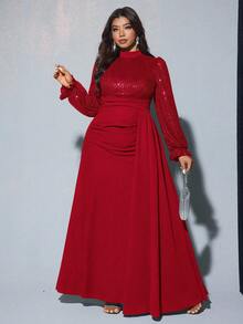 SHEIN Galaire 大码女士优雅亮片装饰长袖收腰连衣裙，适合宴会、派对、婚礼宾客、新年、圣诞节等场合。 - 紅色 - 查看 5